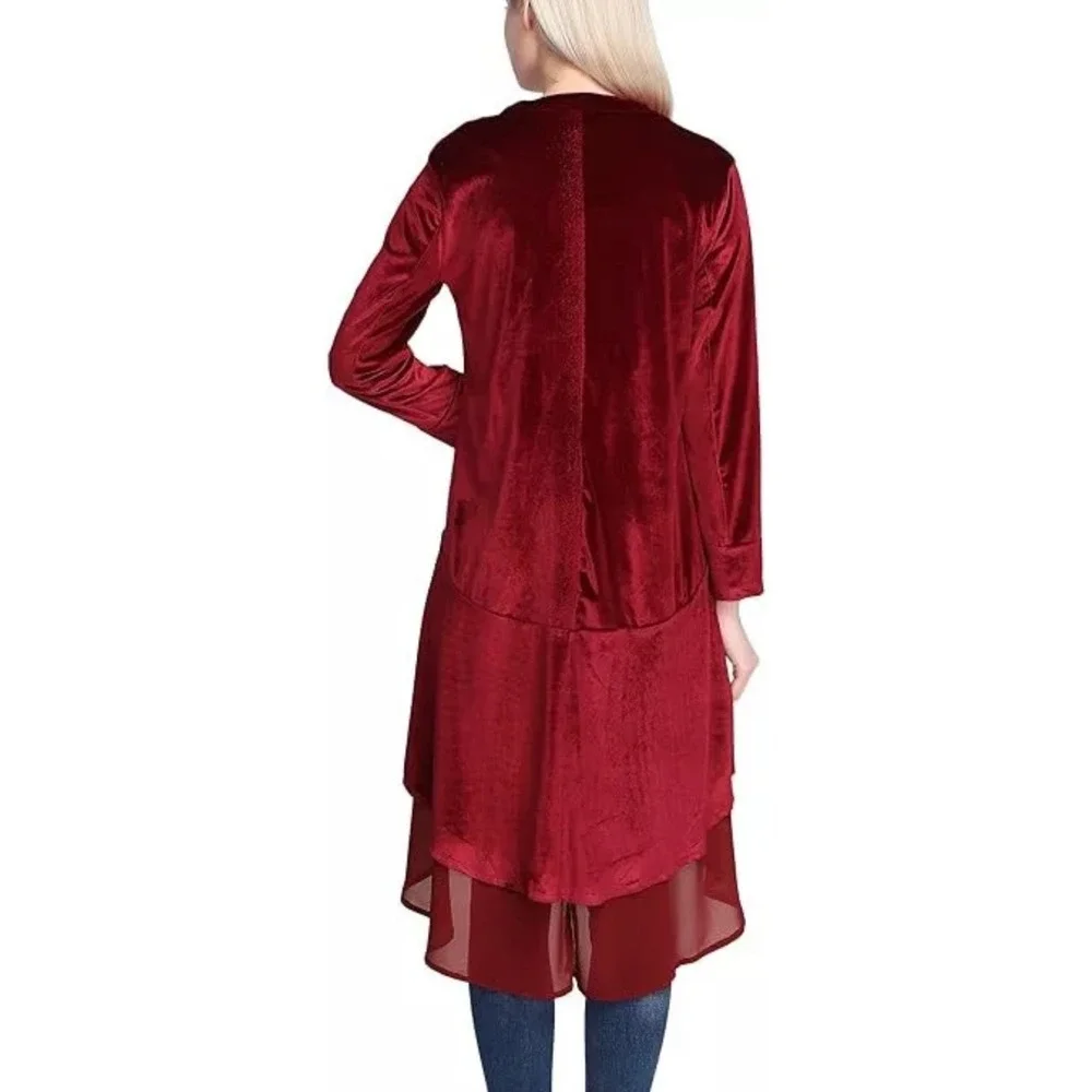 Urban CoCo Wine Red Velvet Cardigan Coat w/‎ Asymmetric Chiffon Hem Open Front M